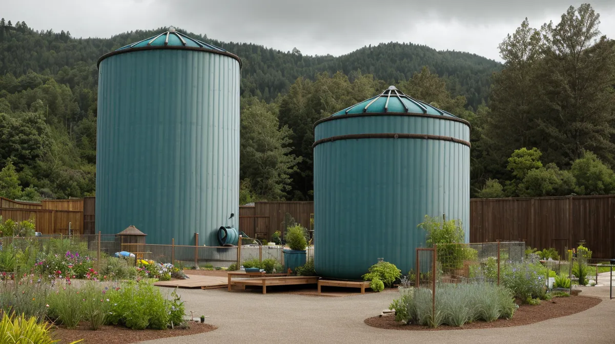 Aqua Tower water storage tank set up as a garden backup near raised beds