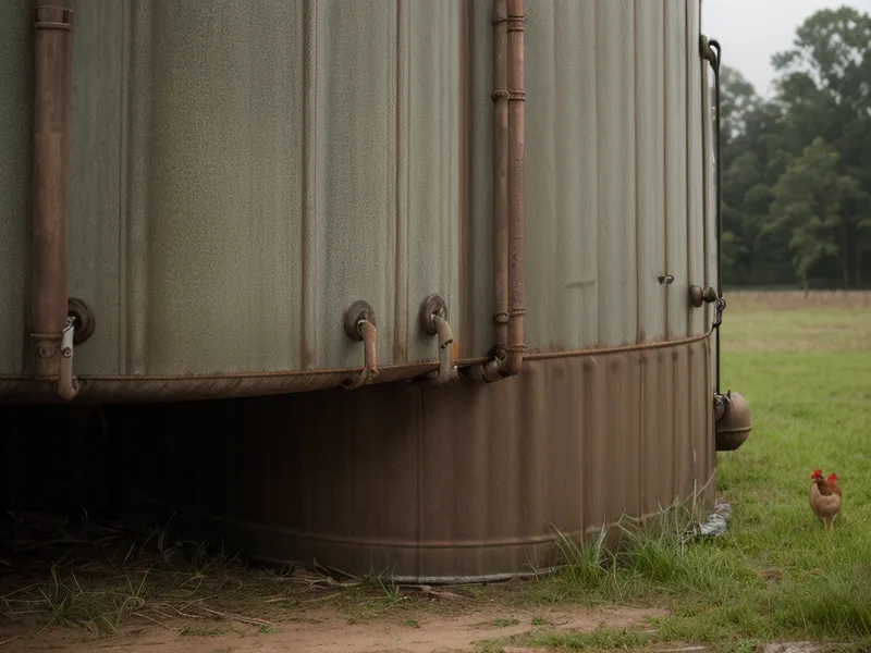 Backyard chickens investigating a water storage tower on a homesteading property