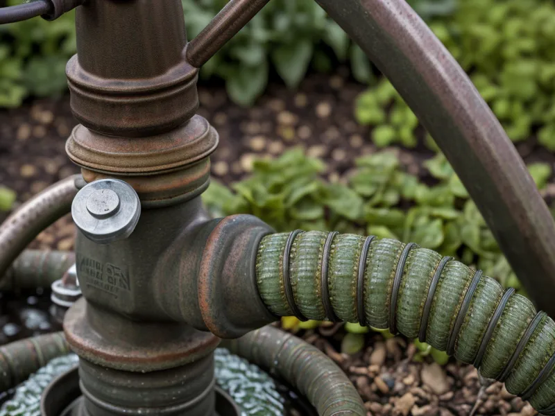 Zip-tied hose fitting on a well water backup line in the garden