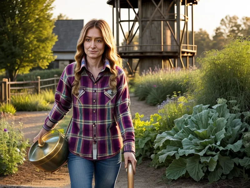 Homesteader filling a watering can from a garden backup water tower during a well outage