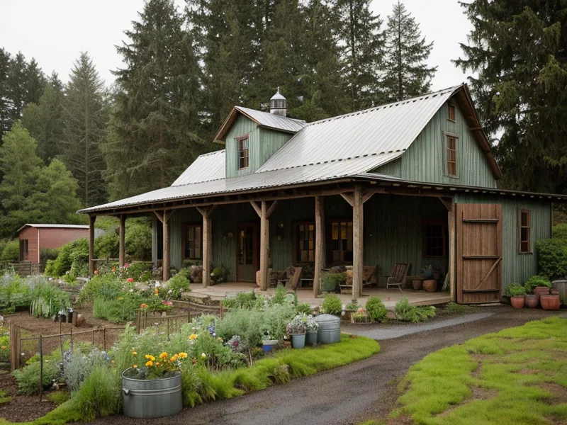 Elevated Aqua Tower rain collection system beside stacked blue water storage barrels on an Oregon homestead
