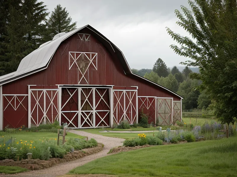 DIY rain barrel water conservation setup on a rural homestead shed