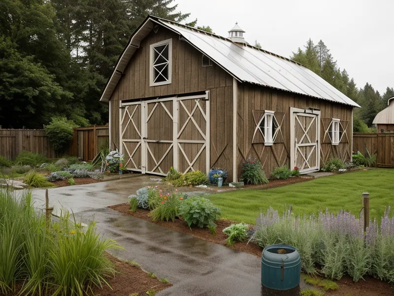 Rain barrel raised on cinder blocks for gravity-fed garden water pressure on an Oregon homestead
