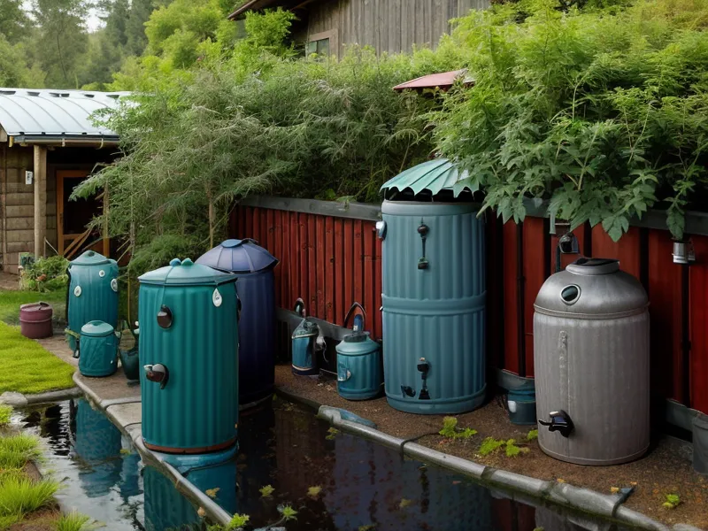 Potable water storage tanks lined up for an off-grid homestead water system on a small farm