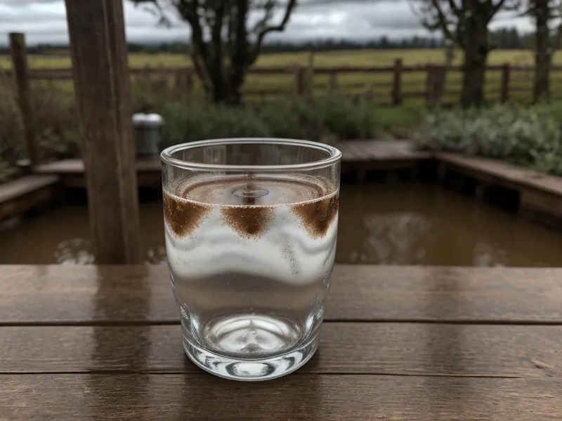 Glass of turbid brown well water next to mud-caked gloves, a rural-infrastructure well-maintenance problem