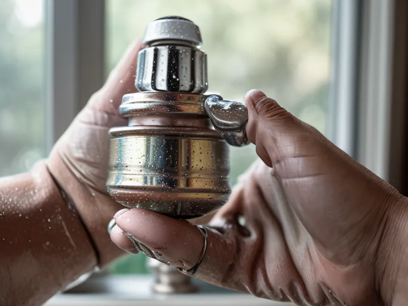 Gritty calcium carbonate flakes held in a hand after removing a clogged faucet aerator