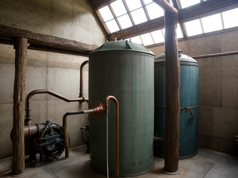 Interior of a rural pump house showing the pressure tank that stores homestead water management reserve.