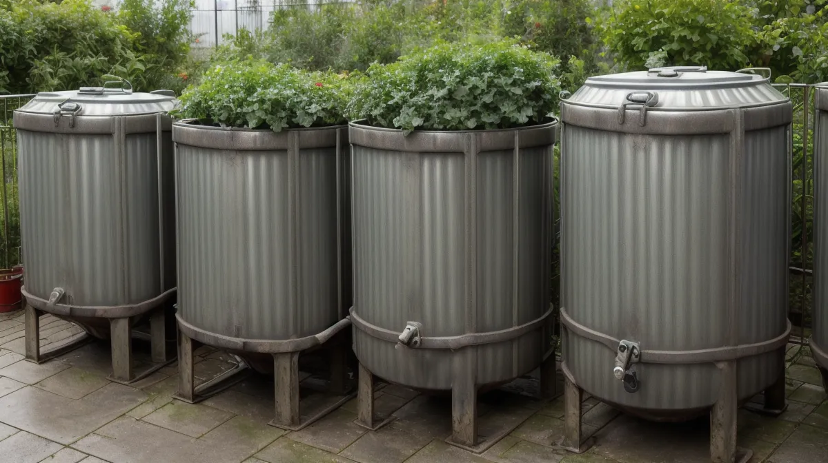 Gravity-fed IBC tote watering system set up in a homestead vegetable garden