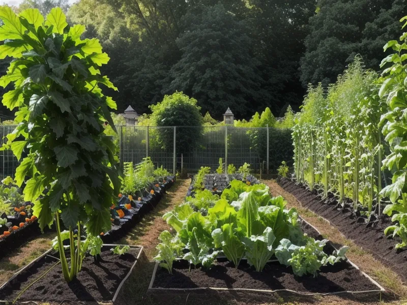Vegetable garden thriving under gravity-fed drip irrigation lines fed by an IBC tote