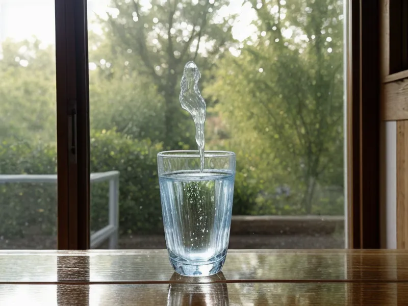 A tested glass of well water on a homestead table with a curious chicken nearby