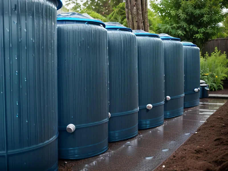 Zip-tied rain barrels providing off-grid storage backup for garden irrigation during drought