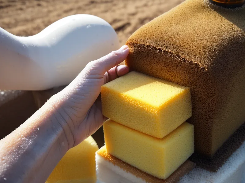 Non-toxic cleaning supplies, white vinegar and a sponge, set beside a plastic water storage tank