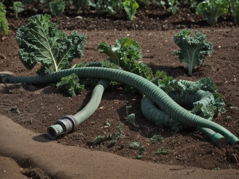 Wilting kale in dry soil beside a garden hose, illustrating drought preparedness on a small home garden