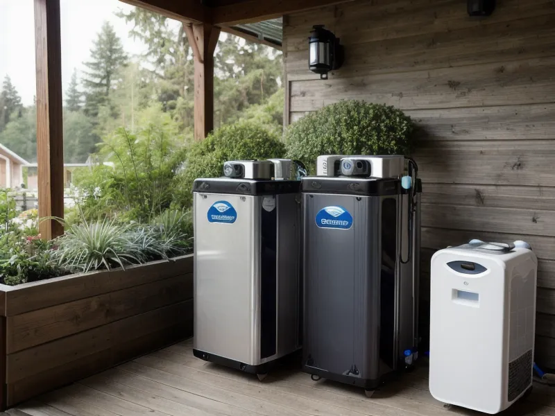 Portable atmospheric water generator on a homestead porch producing off-grid water for small-scale garden irrigation