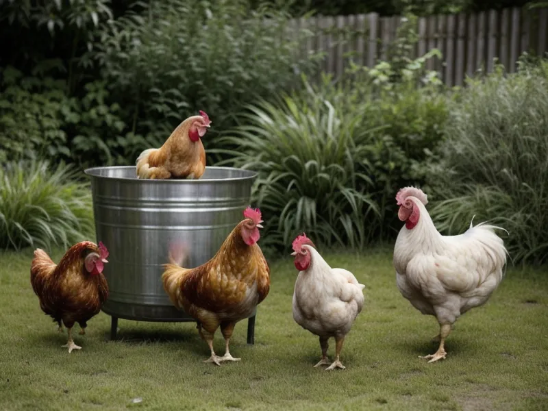 Chickens drinking backup off-grid water from a metal bowl as part of daily homesteading basics