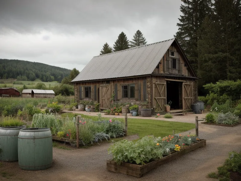 Gravity-fed rainwater harvesting setup on a rural Oregon homestead with an elevated IBC tote