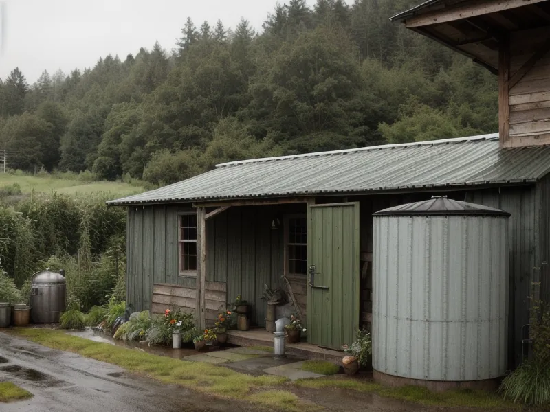 Free-range chickens near the homestead's water storage tank on a rural off-grid property