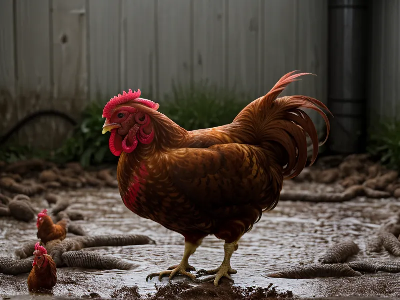 Rhode Island Red hen near a water line in a muddy Oregon homestead chicken coop