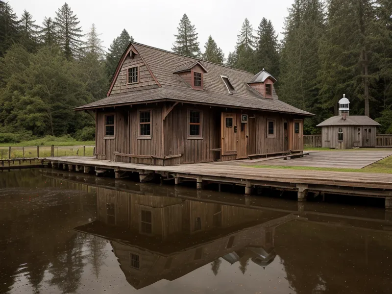 weathered wooden well pump house on a rural infrastructure property, a classic shallow well setup