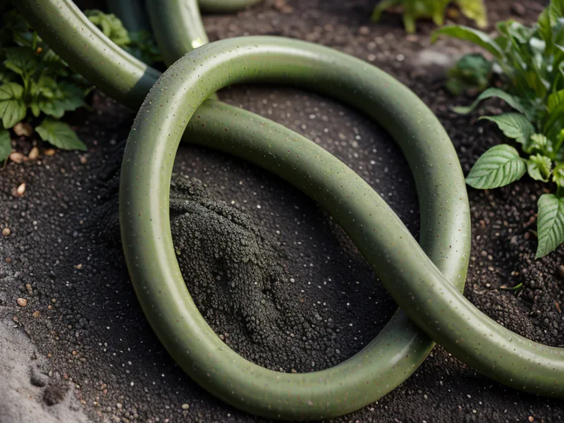 garden hose lying across dry soil beside wilted tomato plants, a water-management warning sign during a dry homesteading season