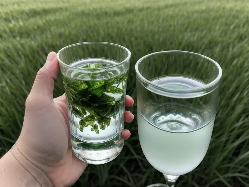 hand holding a glass of well water in front of a green field, part of routine well-water basics testing for homesteading beginners