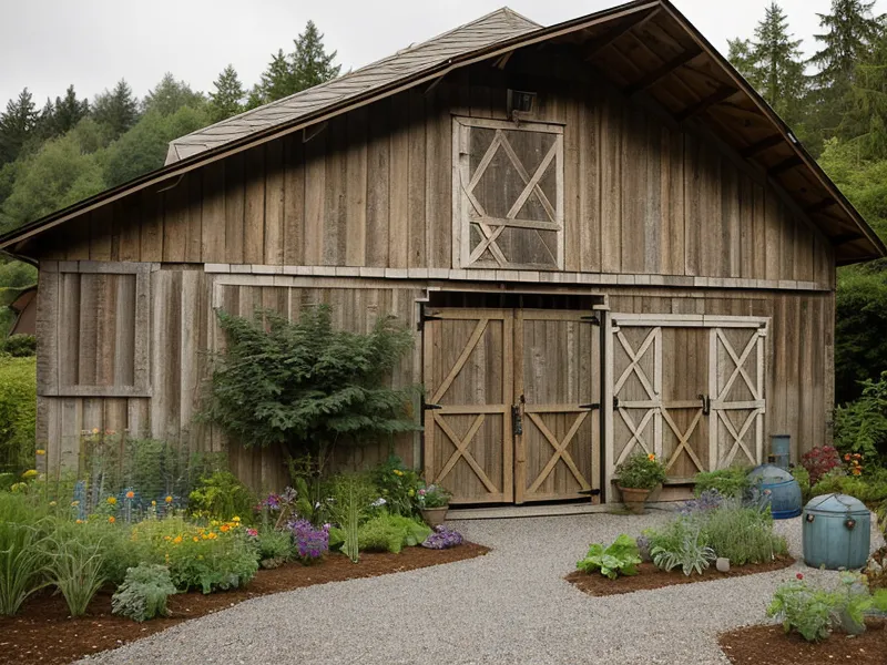 Gravity-fed drip irrigation line running from an Aqua Tower tank to raised garden beds on a rural Oregon homestead