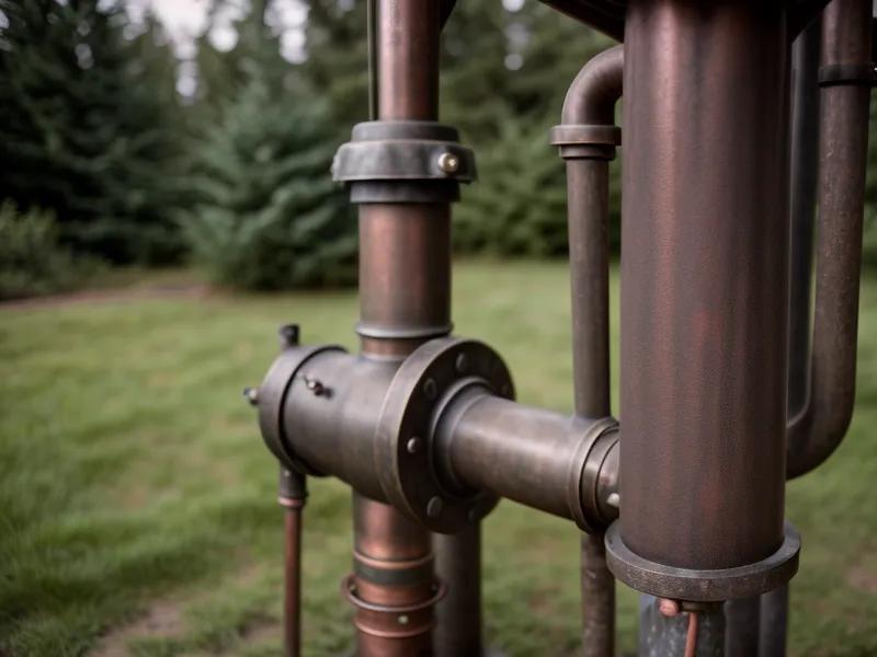 Close-up of a residential well pump and copper plumbing in a homestead basement, the heart of well maintenance