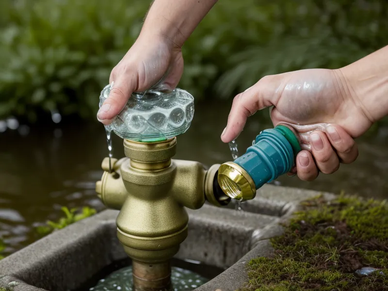 Hand adjusting a valve on a smart water management system with a green status light for homestead water independence