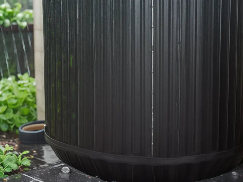 DIY rain barrel water collection system with mesh screen and zip ties, a backup water source for emergency preparedness on the homestead