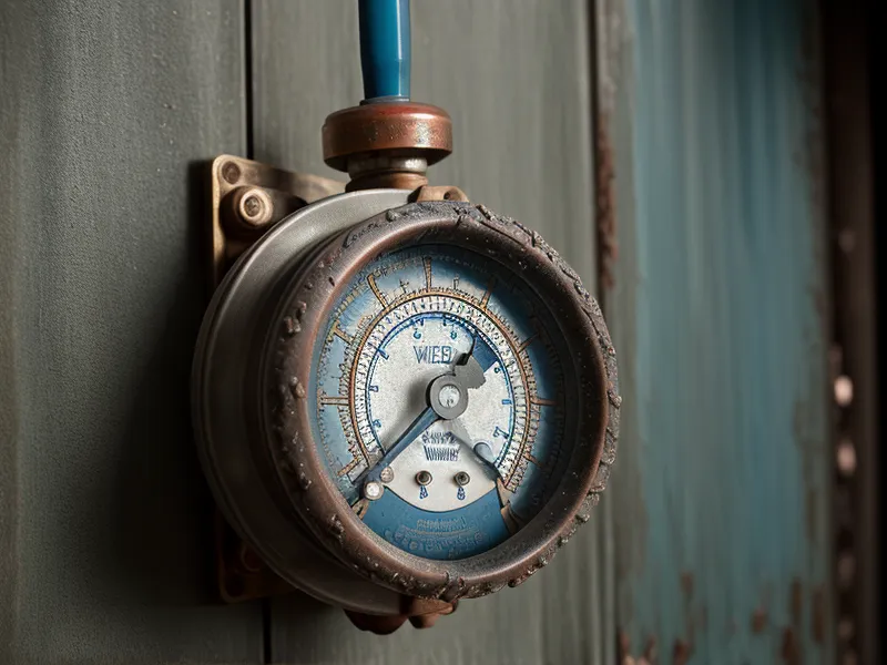 Close-up of a well water pressure gauge used for homestead water management monitoring inside a rustic pump house