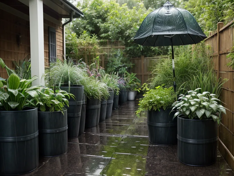 DIY rainwater harvesting barrel system held together with zip ties for homestead resilience in a summer garden