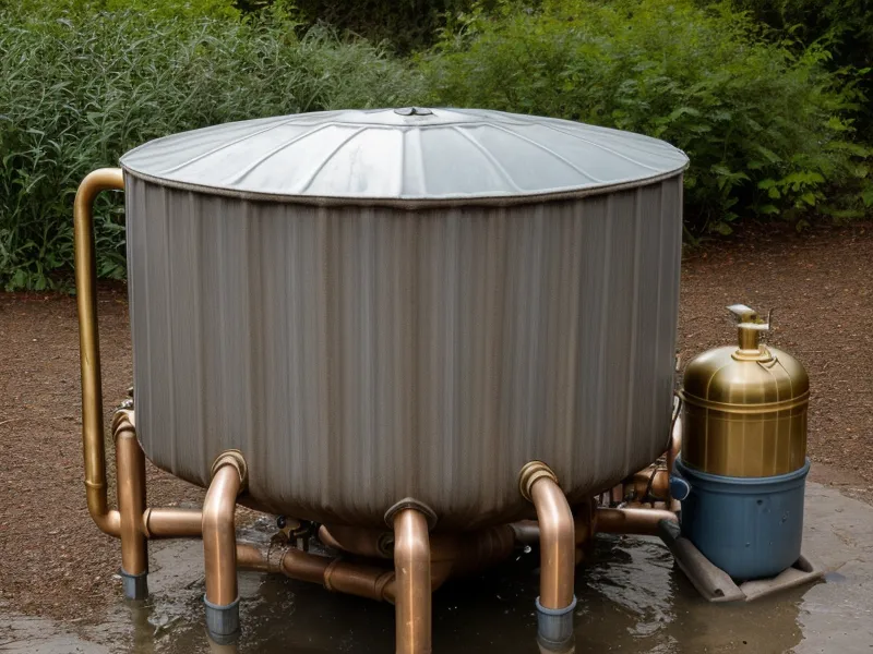 Gravity-fed water storage tank and PVC piping used for off-grid water pressure on a homestead
