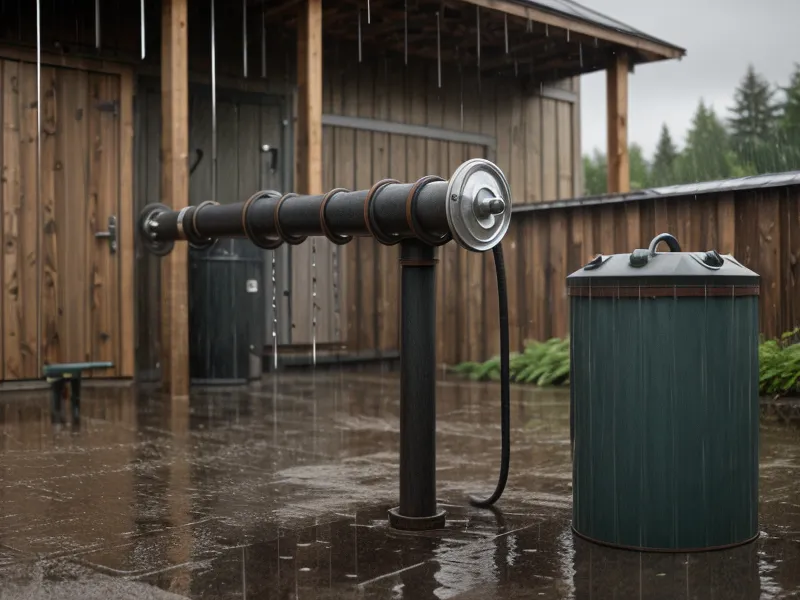DIY rainwater harvesting barrels zip-tied together for homestead backup water storage