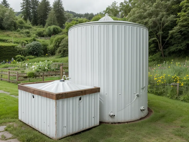 275-gallon IBC tote elevated on a hillside for gravity-fed backup water on a homestead