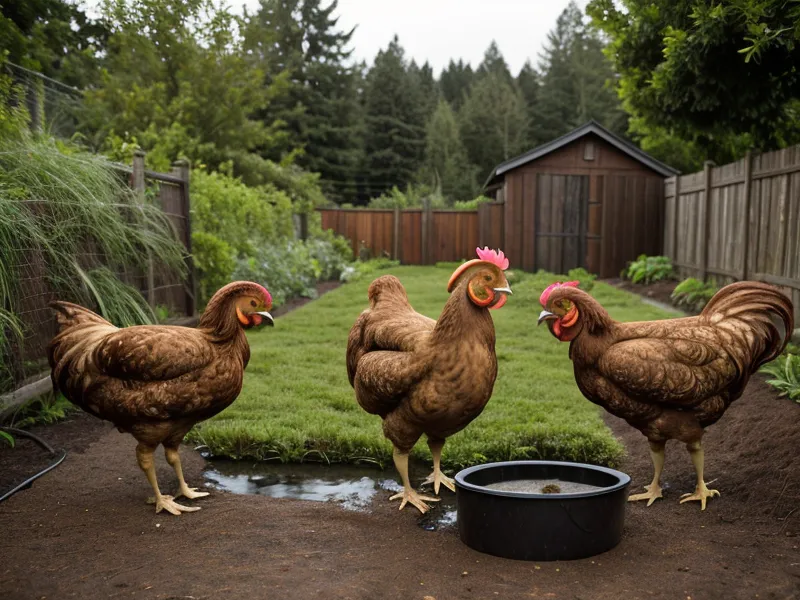 Homestead chickens drinking from an automatic waterer during an off-grid water backup test
