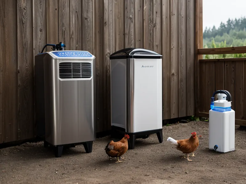 An atmospheric water generator on a homestead porch near curious chickens, one backup layer in an off-grid water security setup