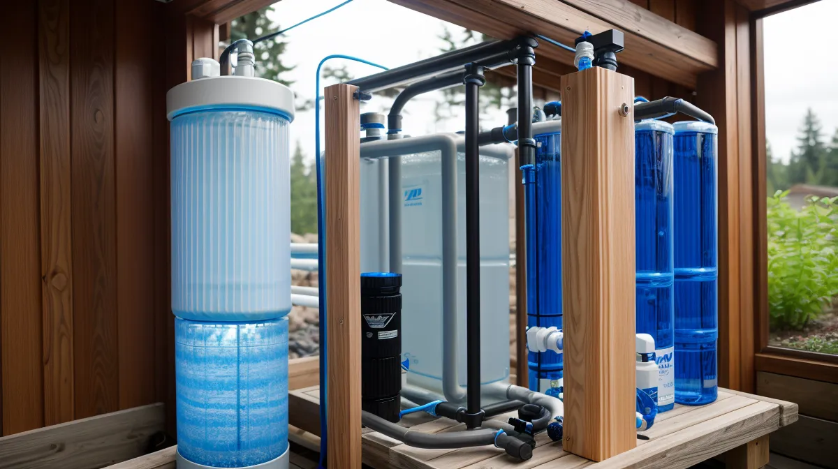 UV water purification system installed for well water treatment on an Oregon homestead, replacing chlorine shock treatments