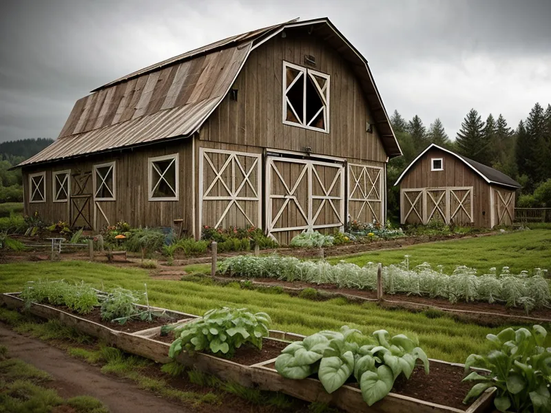 DIY rainwater backup barrels in a homestead vegetable garden, a rural-living backup for well pump problems