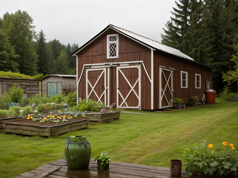 A thriving small garden irrigation bed fed by a narrow water storage tank on a rural homestead