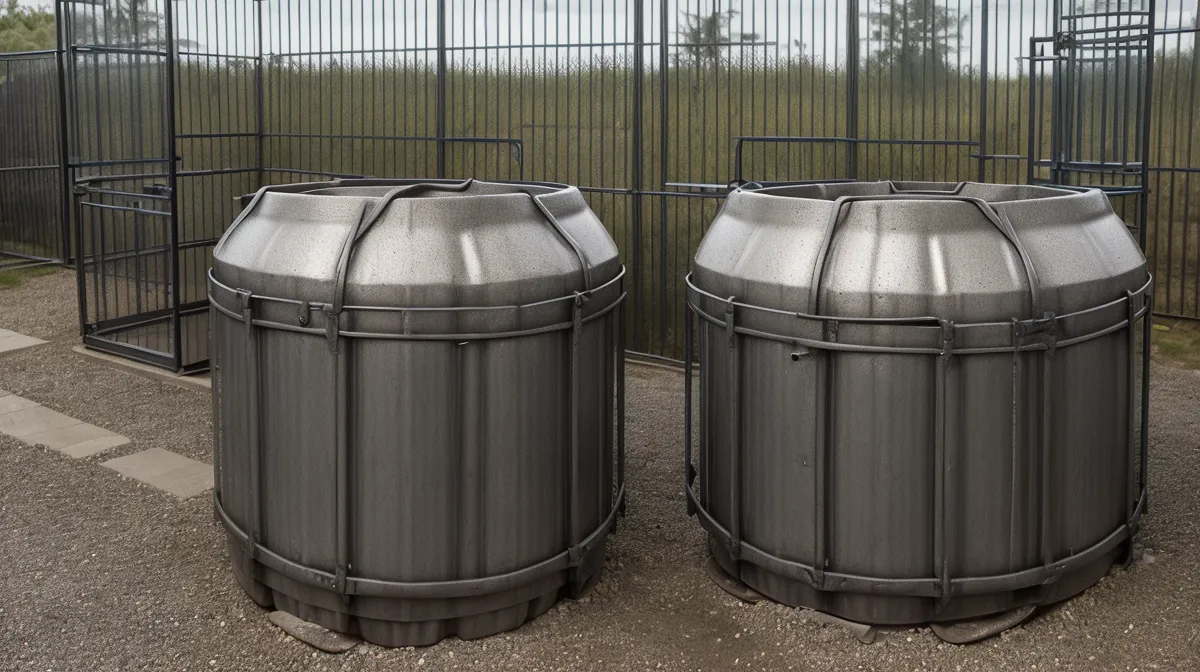 DIY rain barrel winterizing in Oregon — zip-tied IBC tote and blue barrels before a hard freeze