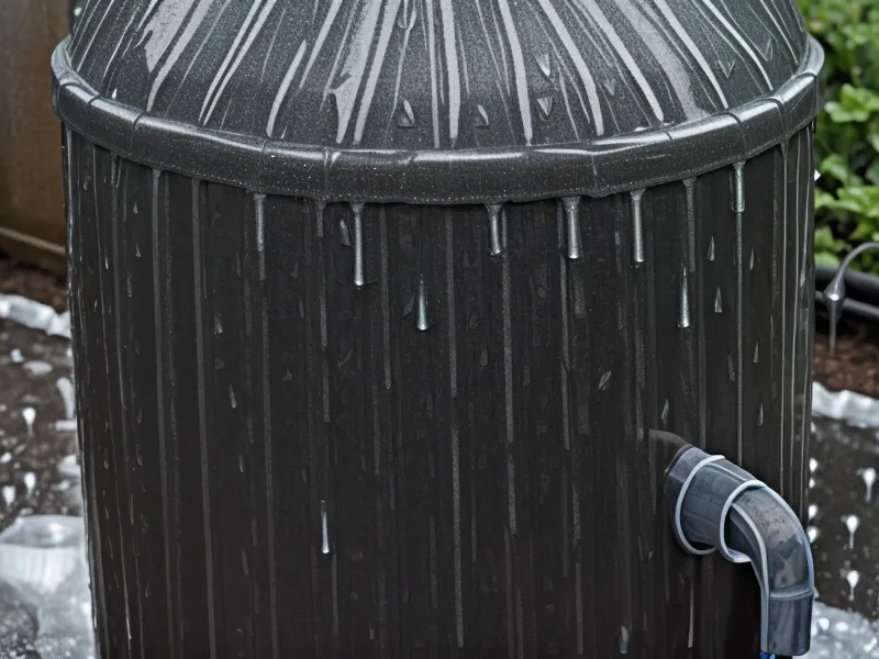 Cracked IBC tote wall after an Oregon freeze — ice expansion split in a DIY rain barrel system