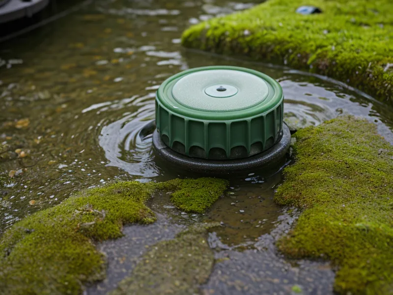 Close-up of a wireless water level sensor installed on a homestead storage tank.